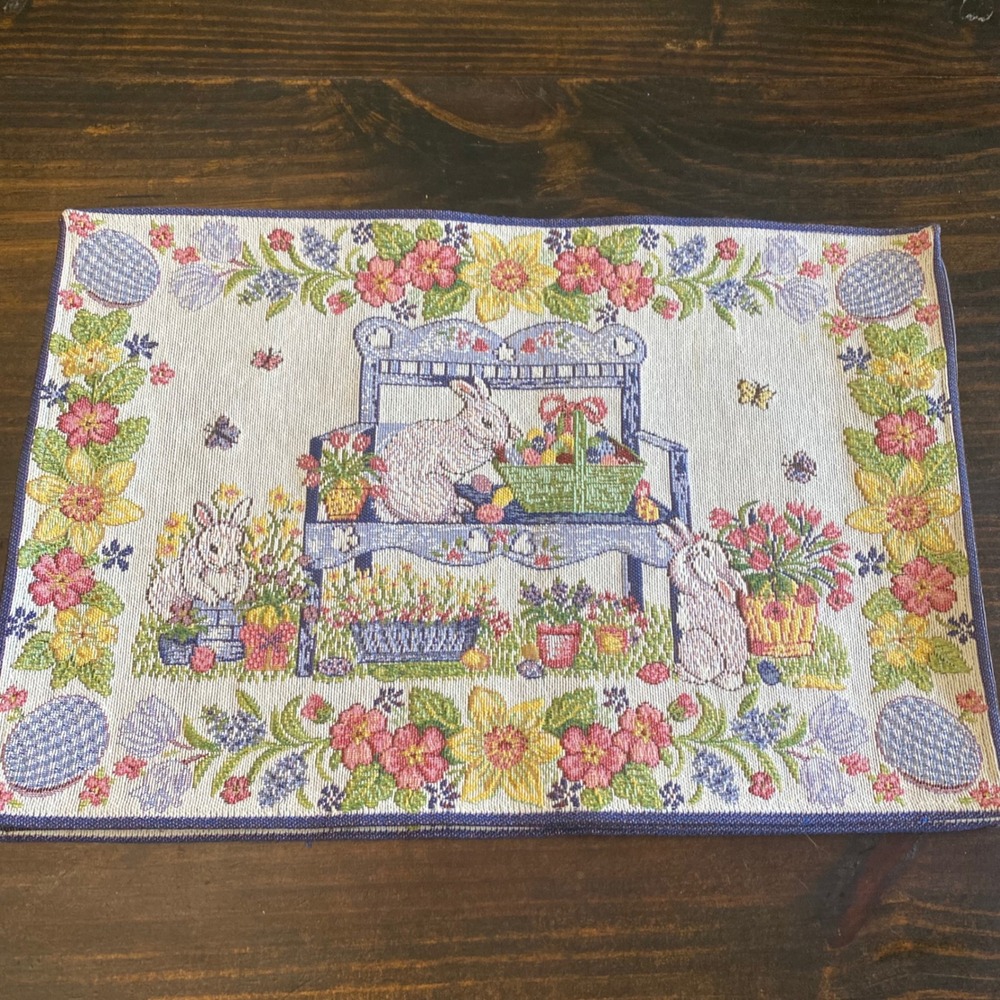 Set of 4 Easter Bunny Garden Woven Tapestry‎ Placemats Spring Floral Blue